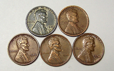 (1) 1943 P Lincoln Steel Cent & (4) Copper Wheat Varies Dates *33901