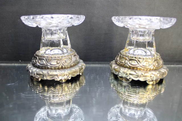 Vintage French Pair Candle Holders Etched Crystal with Gold Metal Ornate Base