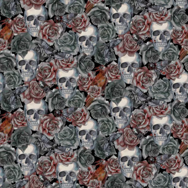 Baumwolljersey Stoff -Skull mit Rosen- Black/Red Digitaldruck ab 25cm