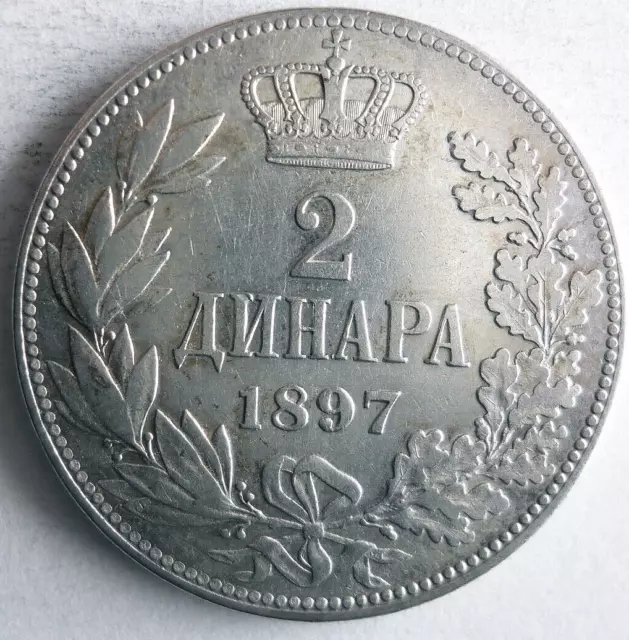 1897 SERBIA 2 DINARA - AU - VERY Rare High Value Silver Coin - Lot #M27