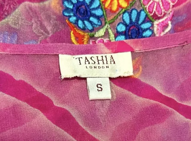 TASHIA LONDON EMBROIDERED Silk Dress Kaftan Size Small Sheer Pink Boho ...