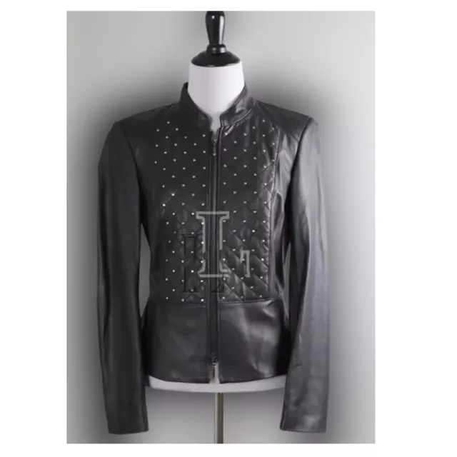 Handmade Women Black Casual Look Front Studded Genuine Cowhide Leather Jacket