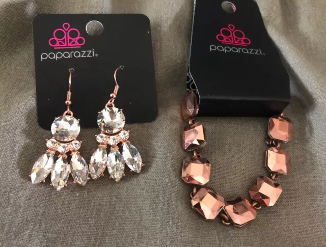 2 Pc Paparazzi Jewelry Lot Mind Blowing Bling Copper Bracelet & Sparkle Earrings