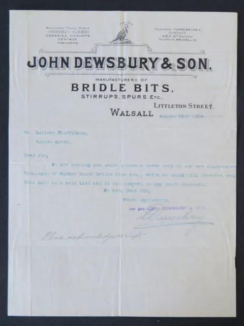 Facture WALSALL 1908 JOHN DEWSBURY & SON Bridle bits illustrée billhead 108