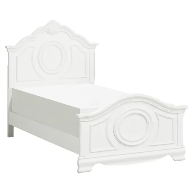 Pemberly Row Traditional Bead Molding and Shell Motif Wood Twin Bed in White