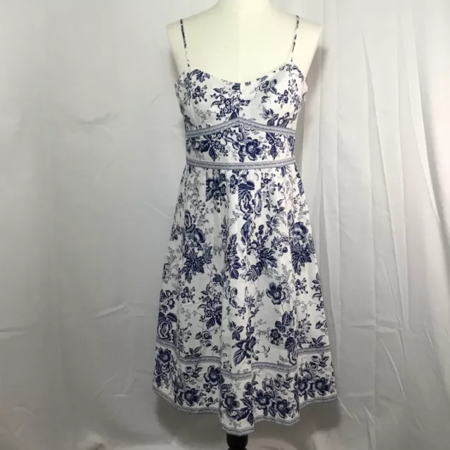 Liz Claiborne Cotton Blue/White Floral Sleeveless Pleated Lined Dress 10/12 EUC