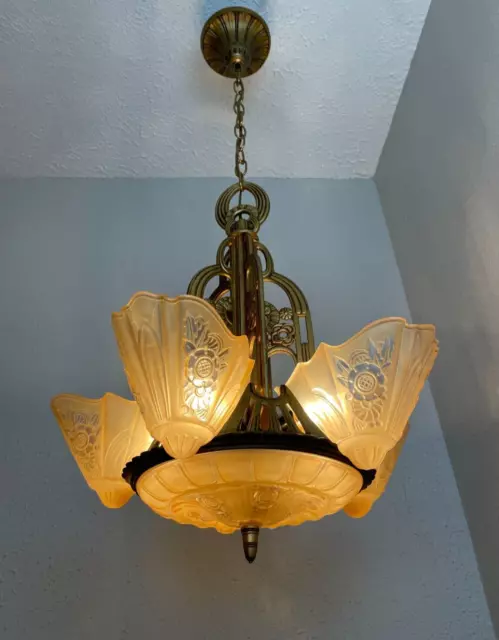 1930s Art Deco 5 light slip shade Lightolier Fixture