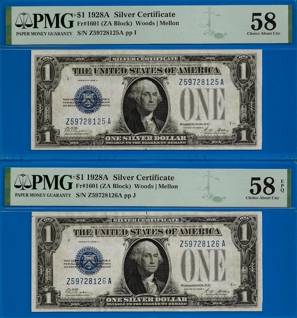 1928A $1 Silver Certificate 2 consecutive PMG 58EPQ wanted and popular FR-1601