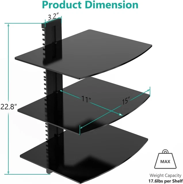 3 Tier Shelves Wall Mounted Storage for Games Consoles DVD Player Tv Accessories