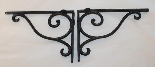 2 Shelf Brackets Supports Cast Iron Brace Antique Style Scrolls 7 x 9 1/2