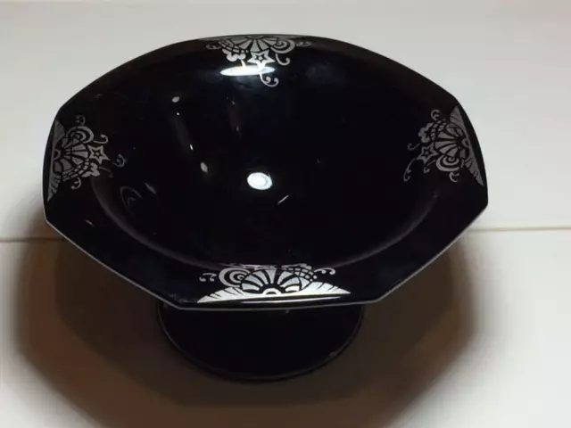 Art deco black glass footed candy dish with silver overlay