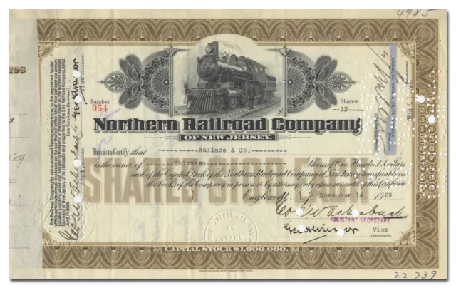 NORTHERN RAILROAD COMPANY of New Jersey. Stock Certificate $50.00 ...