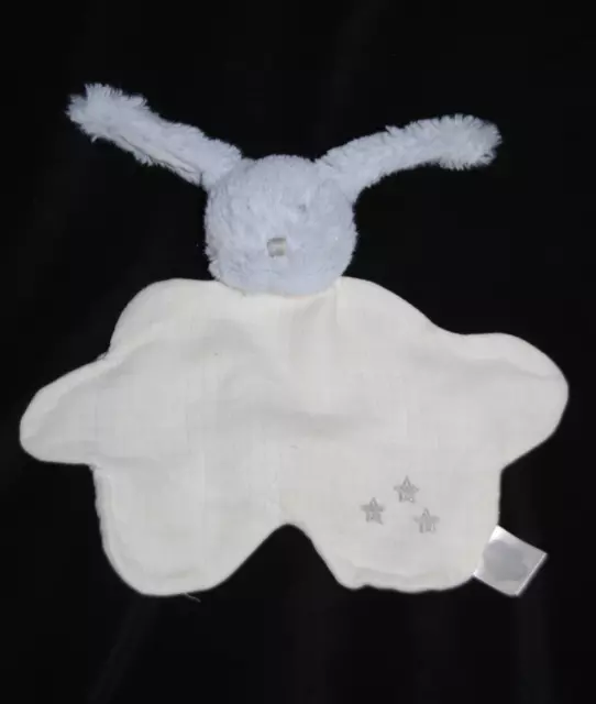 Doudou plat ABSORBA lapin bleu tissu lange blanc étoiles + visage gris TTBE