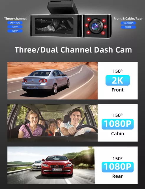 AZDOME 3-Kanal 4K Dashcam Dual 1080P Auto Kamera Recorder GPS WIFI IR G-Sensor 3