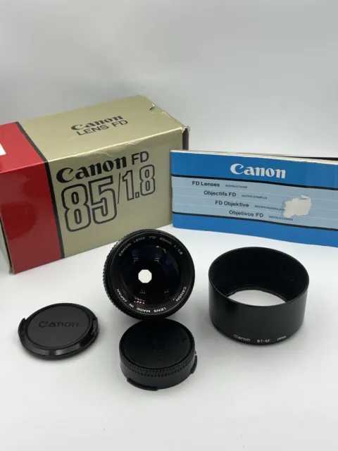 Canon FD 85mm 1:1.8 Retrato Objetivo embalaje original Instrucciones COMO NUEVO/SIN USAR PROBADO✅