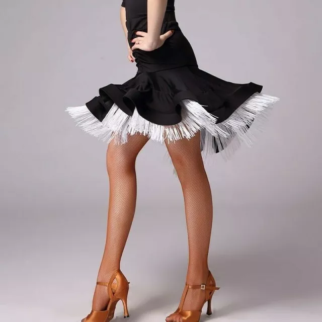 Ladies Latin Dance Fishtail Skirt Dress Tassel Salsa Tango Ballroom Rumba Black