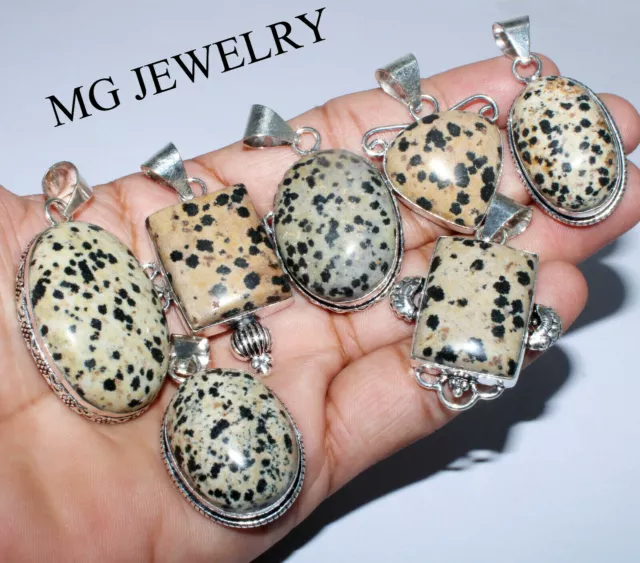 5 PCs Lot Natural Dalmatian Jasper Gemstone 925 Sterling Silver Plated Pendants