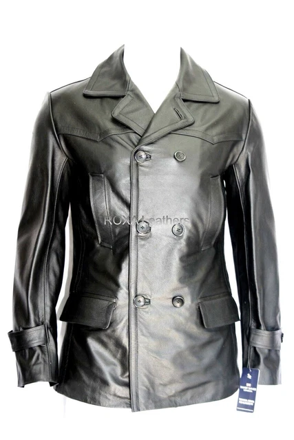 Uomo Originale pelle D'Agnello 100% Giacca Biker Doppio Petto Nero Cappotto