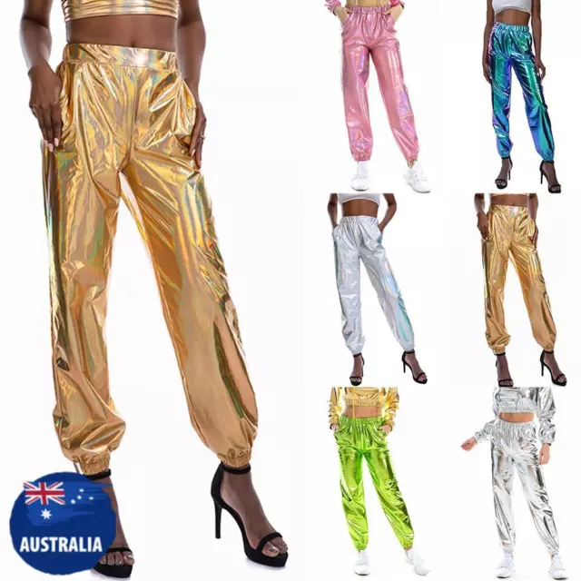 Womens Metallic Shiny Trousers Wet Look Disco Dance Pants Joggers Sweatpant AU