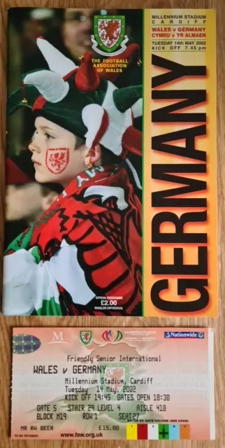 Wales v Germany, Friendly International match programme with ticket, 14 May 2002