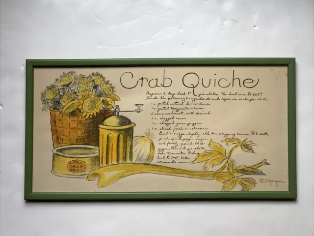 Vintage 1970’s Jacque Pati Framed Print Crab Quiche Recipe