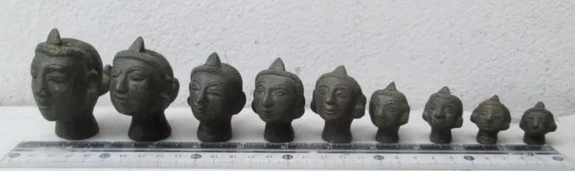 Superb! OLD Opium Weight Set 9 Bronze Warrior Heads
