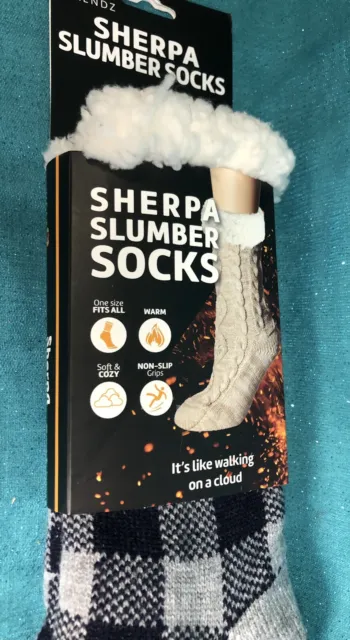 NWT Heat Trendz Sherpa Slumber Socks One Size Fits All Unisex Gray & Navy Plaid