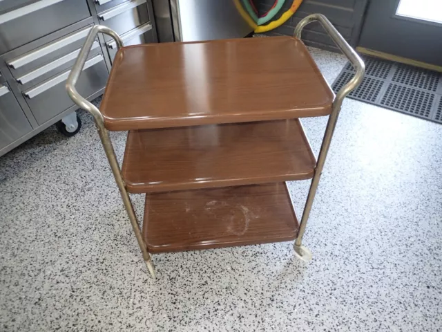 Vintage MCM Costco 3 Tier WOOD GRAIN Shelf GOLD Legs Metal Utility Cart Retro Vintage MCM Costco 3 Tier WOOD GRAIN Shelf GOLD Legs Metal Utility Cart Retro