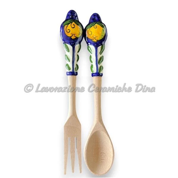 Coppia Di Mestoli Di Legno Con Manico In Ceramica Decoro Limoni Fondo Blu