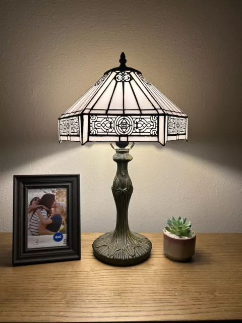 Enjoy Tiffany Style Table Lamp White Stained Glass Hexagon Included LED Bulb H19