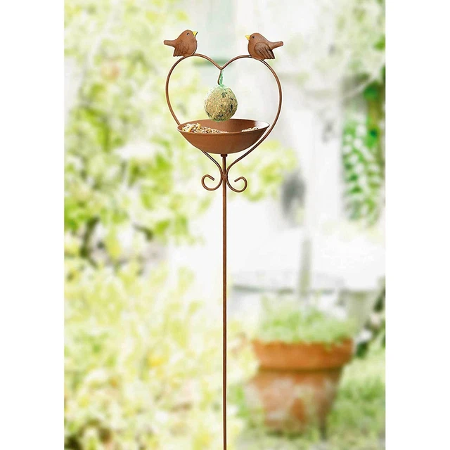 Gartenstecker Vogeltränke Herz stehend Vogelbad Rost Wasserschale Gartenstab