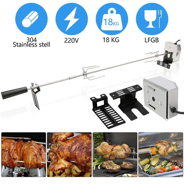 BBQ Grillspieß Edelstahl Motor Fleisch Grillaufsatz 117cm Drehspiess Rotisserie