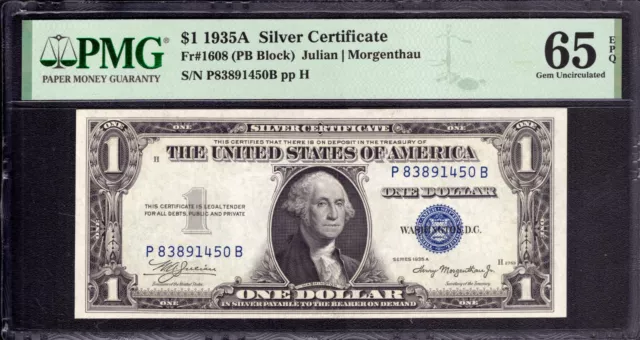 1935 A $1 Silver Certificate Note Currency Fr.1608 Pb Block Pmg Gem Unc 65 Epq