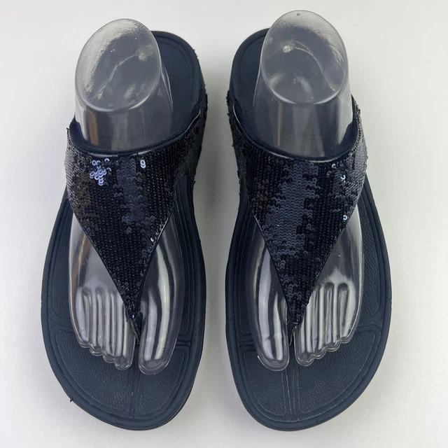 FitFlop Navy Blue Wedge Flip Flops Lulu Glitter Toe Thong Size US 11