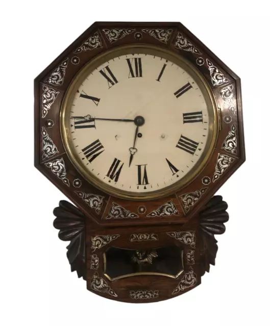 Antique Mahogany Drop Dial Fusee Wall Clock Circa 1860'S Mother Of Pearl Inlaid