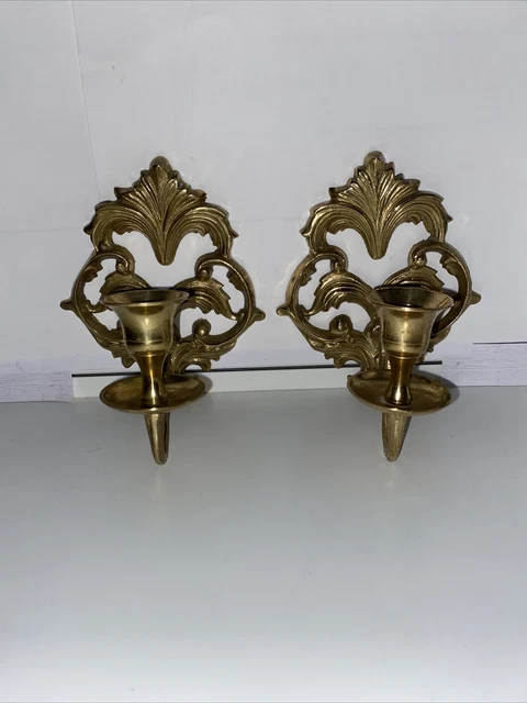 Pair Solid Brass Lacquered Wall Sconces Candlesticks Hollywood Regency India