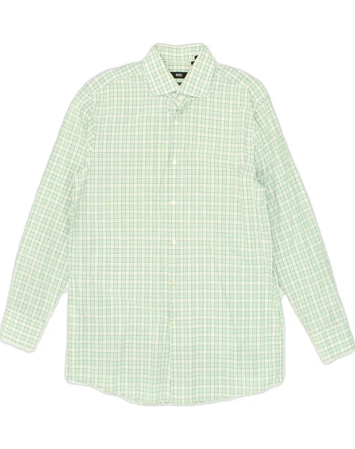 HUGO BOSS Mens Sharp Fit Shirt Size 16 1/2 Large Green Check Cotton XV04
