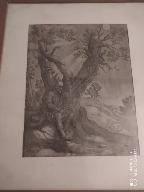 Stampa antica uomo seduto sotto albero con cornice