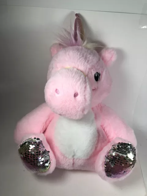 Unicorn Plush Backpack Pink White Sequin Feet 12” Stuffed Animal Toy