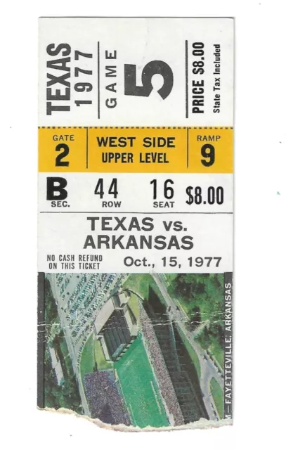 Oct 15, 1977 Football Ticket-Arkansas Vs Texas-Many Future Nfl Players-Campbell