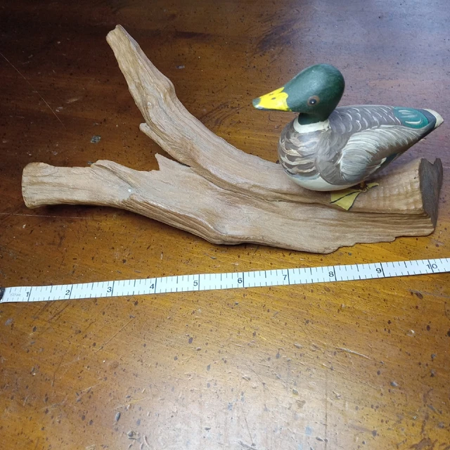 1976 Hand carved hand painted wooden duck mallard sculpture on wooden Driftwood