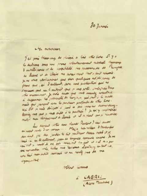 Albert CAMUS -  Lettre autographe signée à un romancier. Janvier 1950