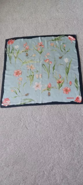 Tiffany & Co. Scarf 100% Silk Floral Pinks with Blue Boarder Hand Rolled 34x 34