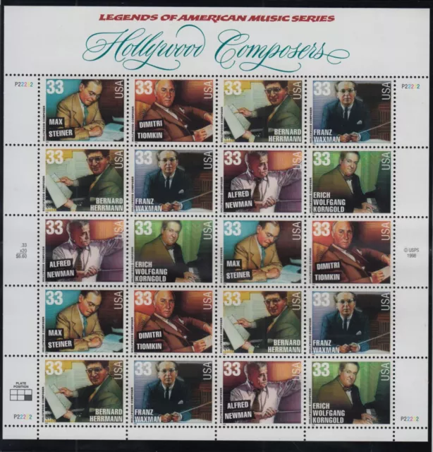 1999 Hollywood Composers, 6 different 33c Sheet of 20 Sc 3344a MNH