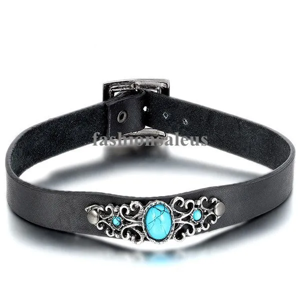 Women Punk Gothic Black Leather Choker Faux Turquoise Buckle Collar Necklace