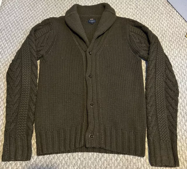 Paul Smith Cashmere Wool Blend Shawl Collar Cardigan Olive Green Mens S FLAWS