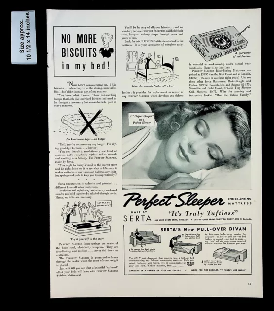 1939 Serta Perfect Sleeper Inner-Spring Mattress Woman Vintage Print Ad 32554