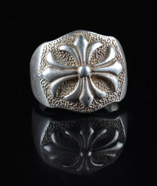 2cm Rare Chinese Old Miao Silver Feng Shui Flower Lucky Jewelry Ring-