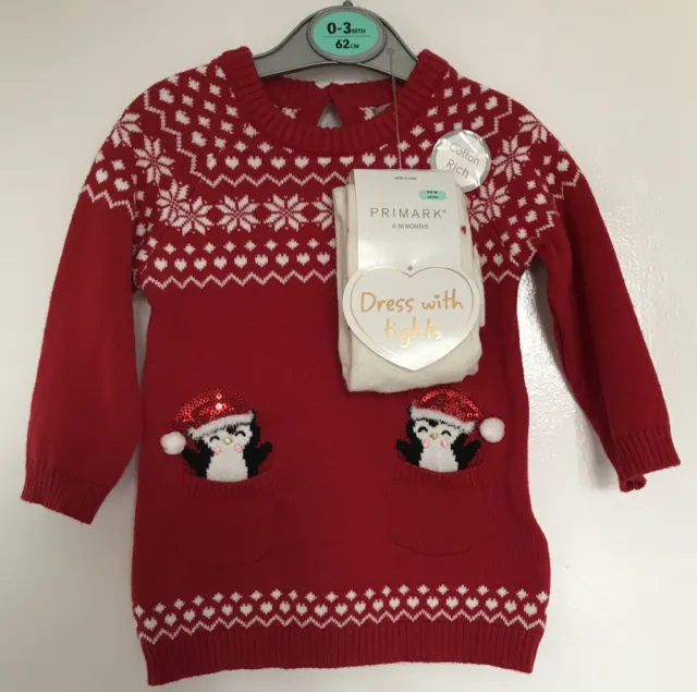 BNWT Primark Baby Girls Christmas Red Knitted Dress & Tights. Age 0-3 Months
