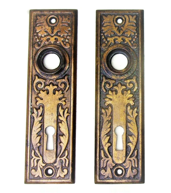 Pair Antique Vintage Victorian Eastlake Ornate Backplates Door Plates Reclaimed